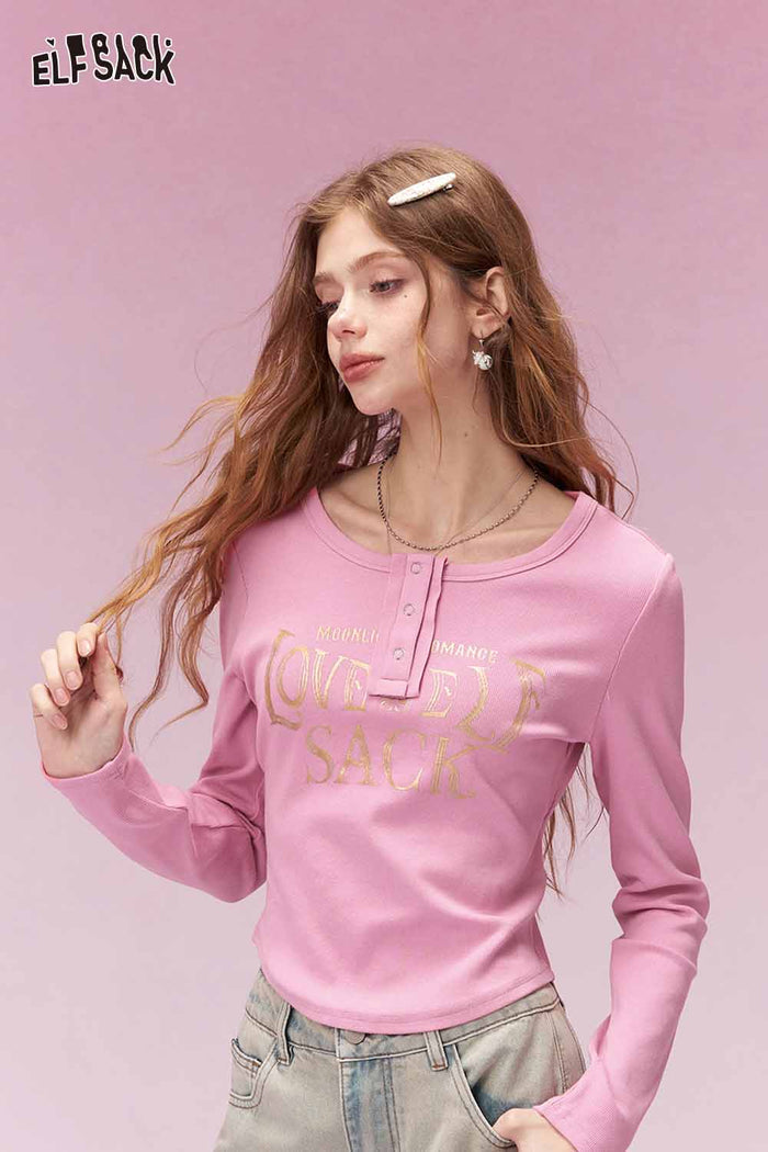 ELFSACK Casual Letter Print Henley Neck Fitted Cropped Long Sleeve Tshirt
