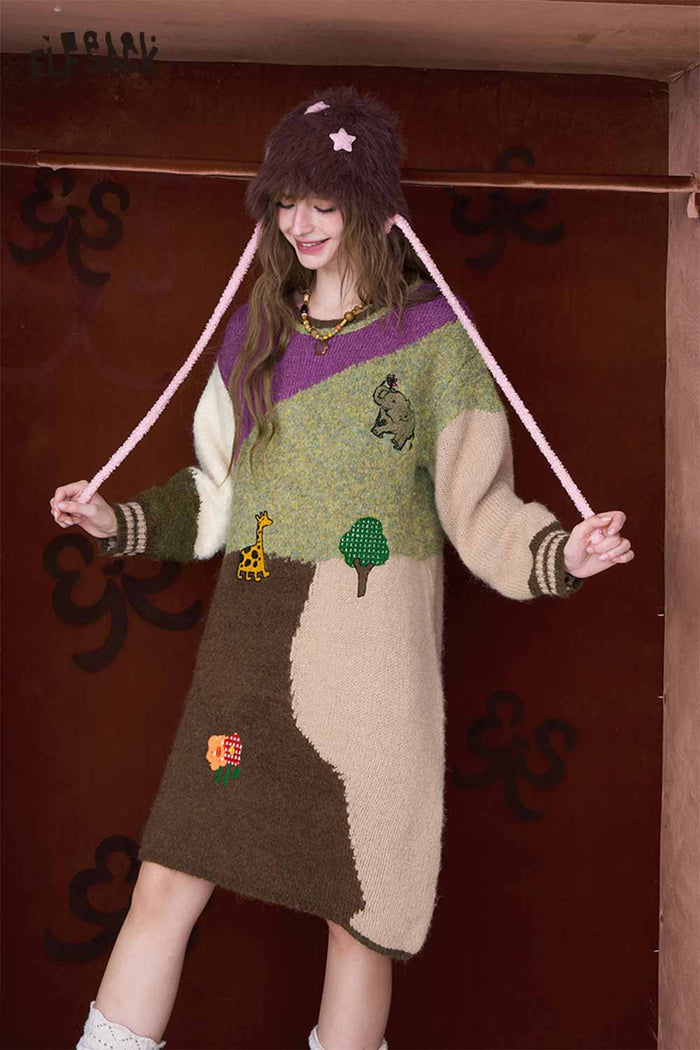 ELFSACK Casual Loose Color Block Graphic Long Sleeve Knit Dress