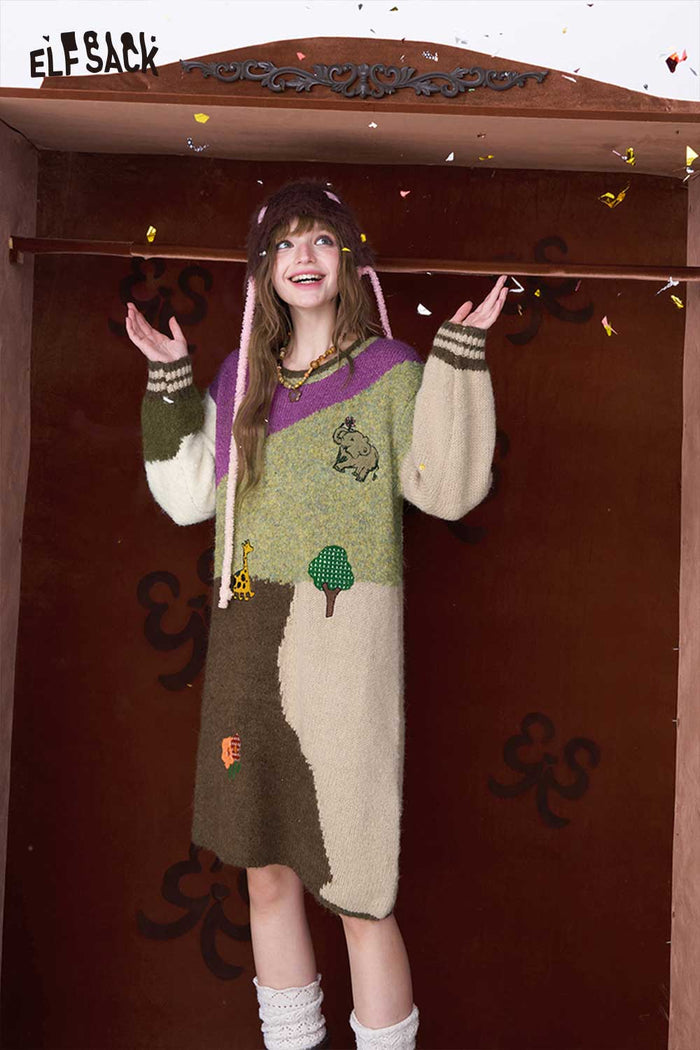 ELFSACK Casual Loose Color Block Graphic Long Sleeve Knit Dress