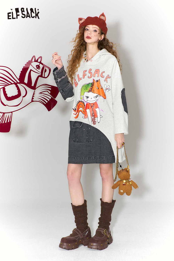 ELFSACK Casual Loose Cotton Denim Patchwork Doodle Print Hoodie Dress