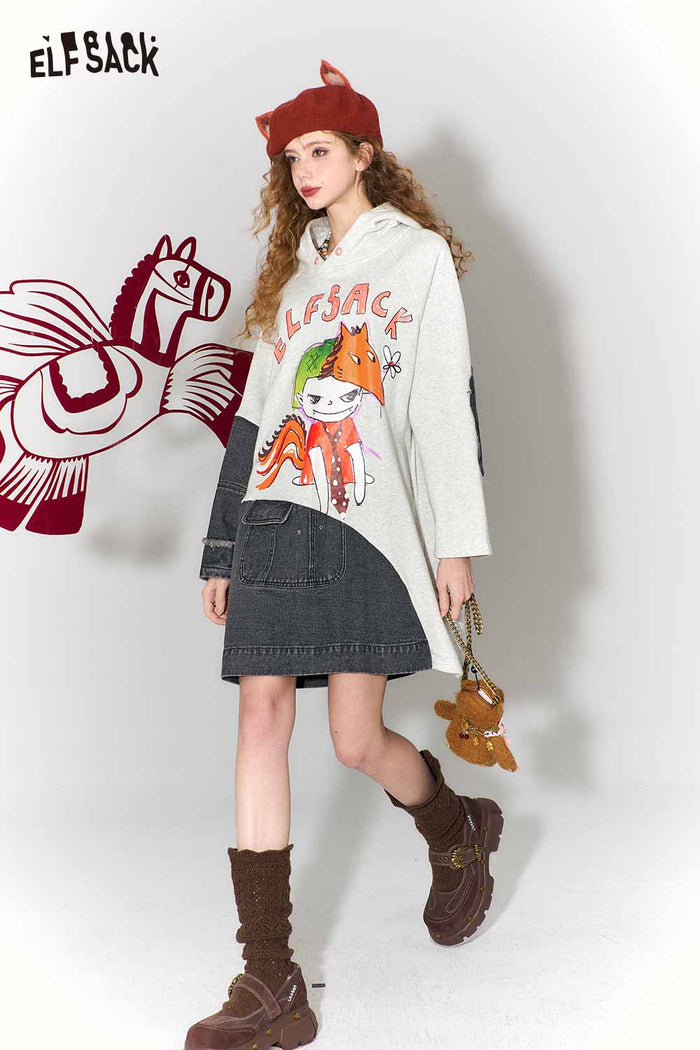 ELFSACK Casual Loose Cotton Denim Patchwork Doodle Print Hoodie Dress