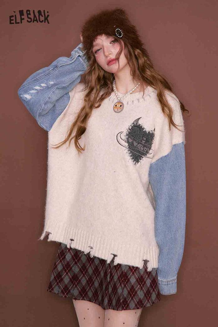 ELFSACK Casual Loose Denim Patchwork Sleeve Heart Embroidery Sweater