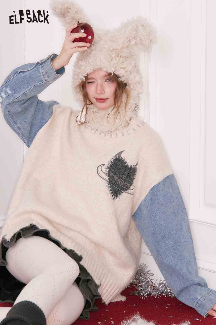 ELFSACK Casual Loose Denim Patchwork Sleeve Heart Embroidery Sweater