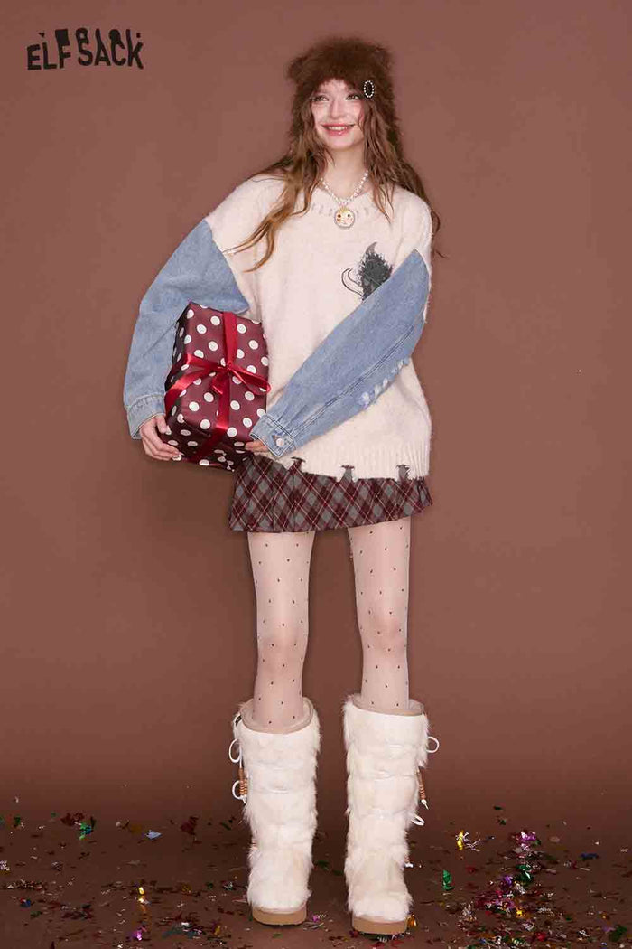 ELFSACK Casual Loose Denim Patchwork Sleeve Heart Embroidery Sweater