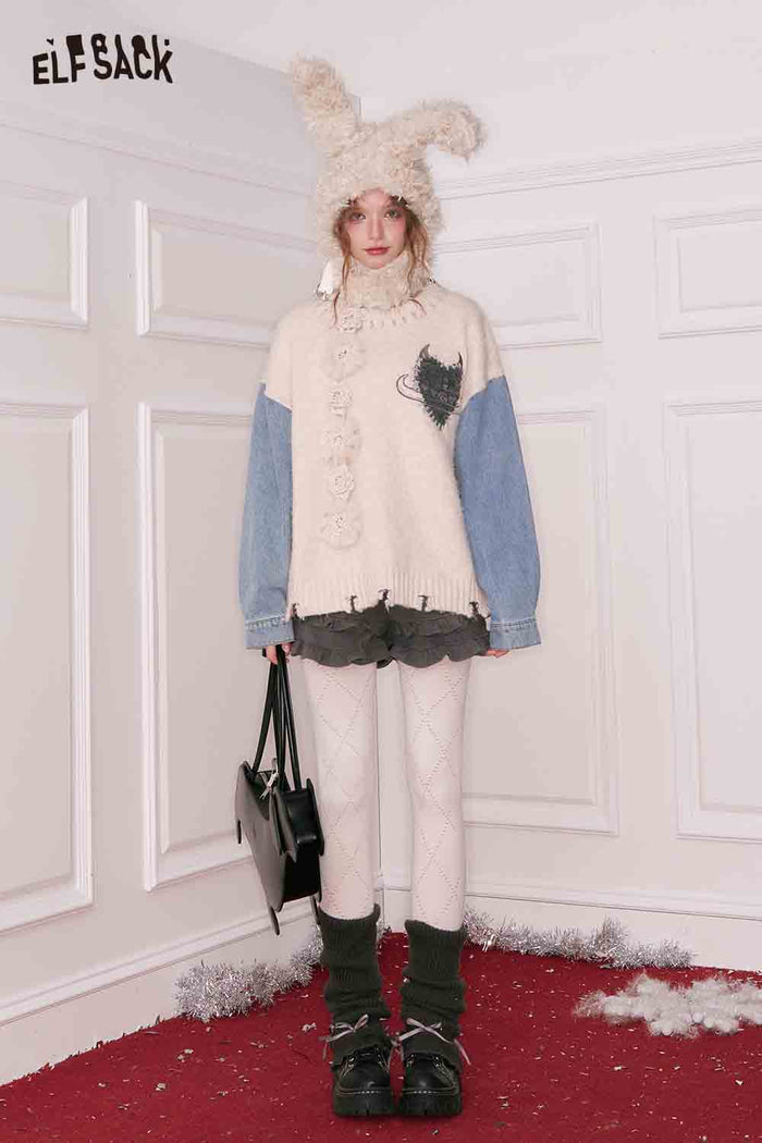 ELFSACK Casual Loose Denim Patchwork Sleeve Heart Embroidery Sweater