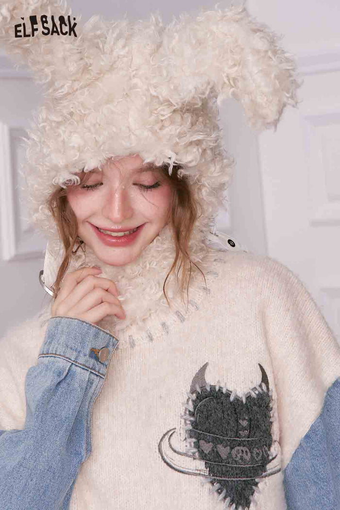 ELFSACK Casual Loose Denim Patchwork Sleeve Heart Embroidery Sweater