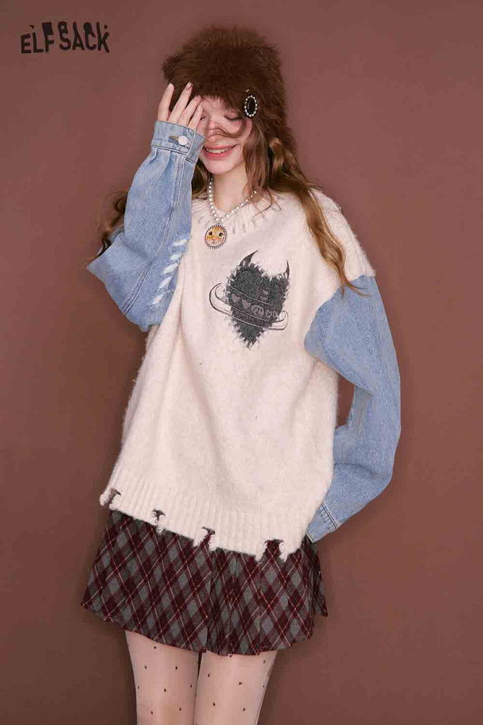 ELFSACK Casual Loose Denim Patchwork Sleeve Heart Embroidery Sweater