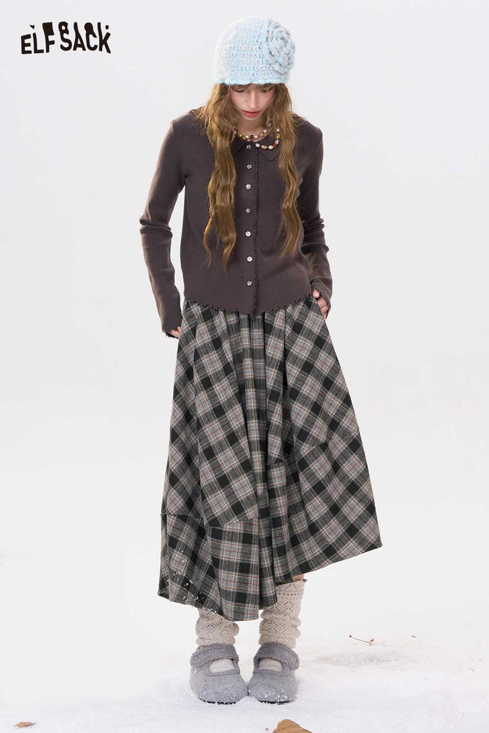 ELFSACK Casual Loose Irregular Large Skirt Plaid Long Skirt