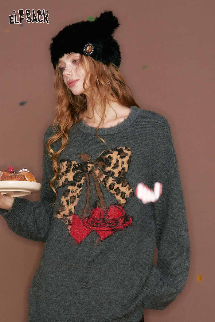 ELFSACK Casual Loose Leopard Bow Cherry Heart Graphic Sweater
