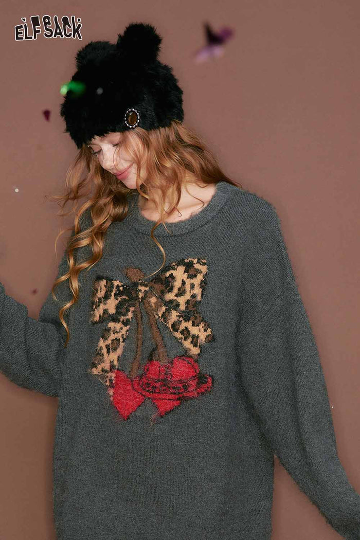 ELFSACK Casual Loose Leopard Bow Cherry Heart Graphic Sweater