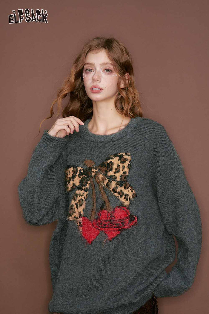 ELFSACK Casual Loose Leopard Bow Cherry Heart Graphic Sweater