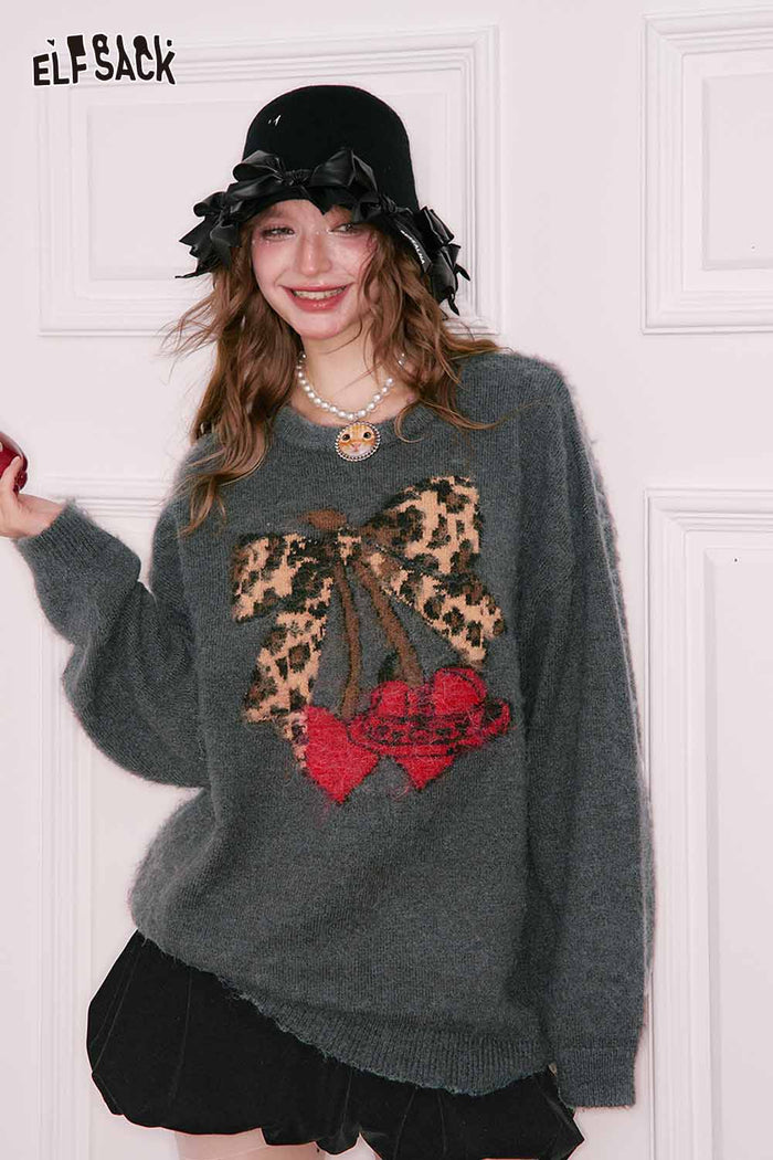 ELFSACK Casual Loose Leopard Bow Cherry Heart Graphic Sweater