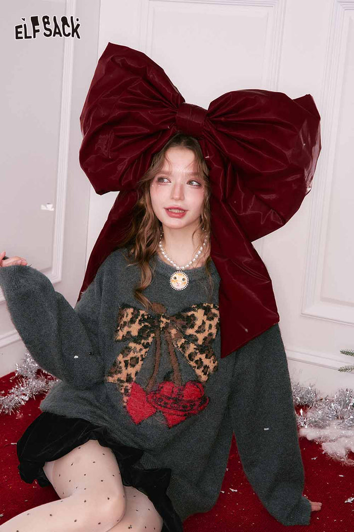 ELFSACK Casual Loose Leopard Bow Cherry Heart Graphic Sweater
