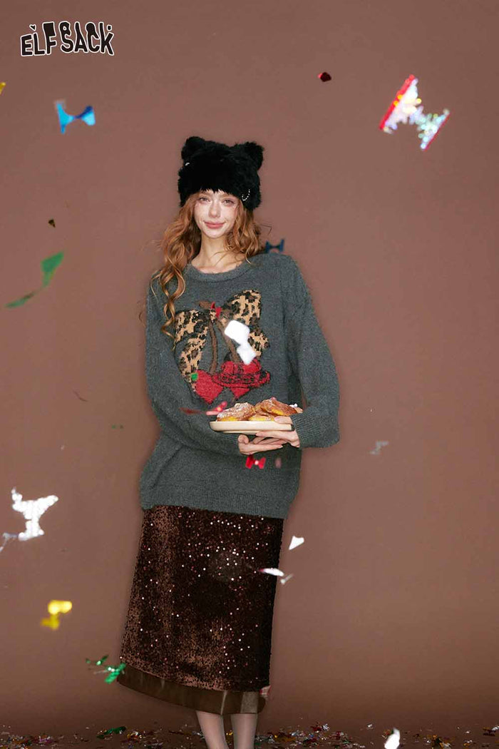 ELFSACK Casual Loose Leopard Bow Cherry Heart Graphic Sweater