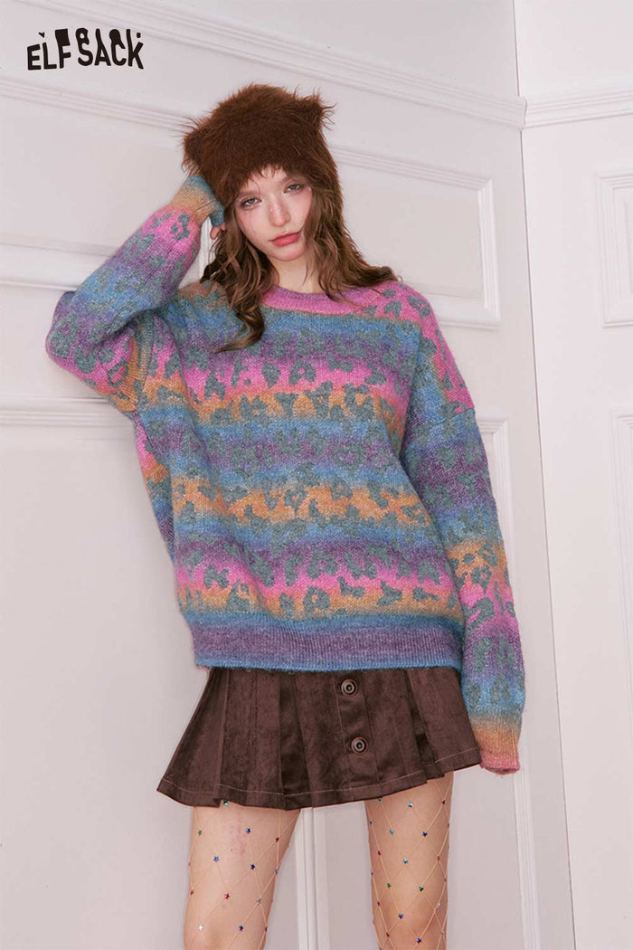 ELFSACK Casual Loose Rainbow Gradient Spot Print Round Neck Sweater