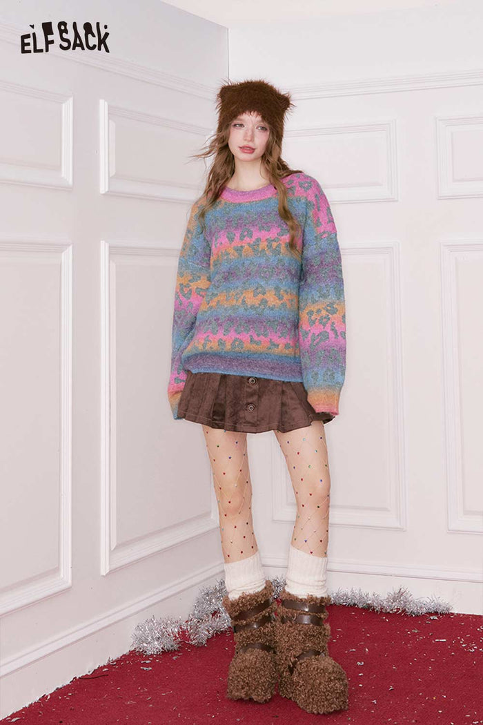 ELFSACK Casual Loose Rainbow Gradient Spot Print Round Neck Sweater