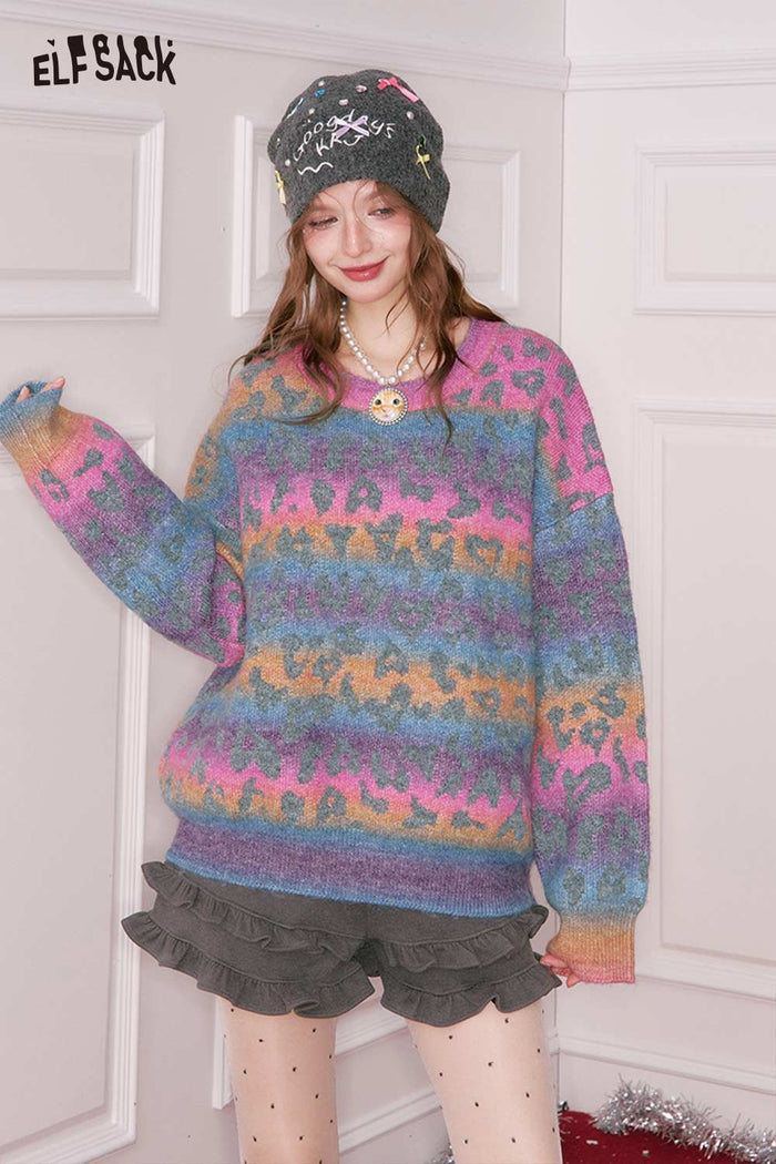 ELFSACK Casual Loose Rainbow Gradient Spot Print Round Neck Sweater