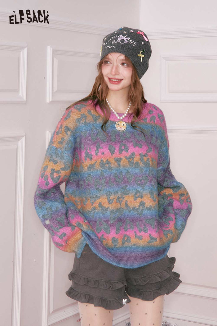 ELFSACK Casual Loose Rainbow Gradient Spot Print Round Neck Sweater