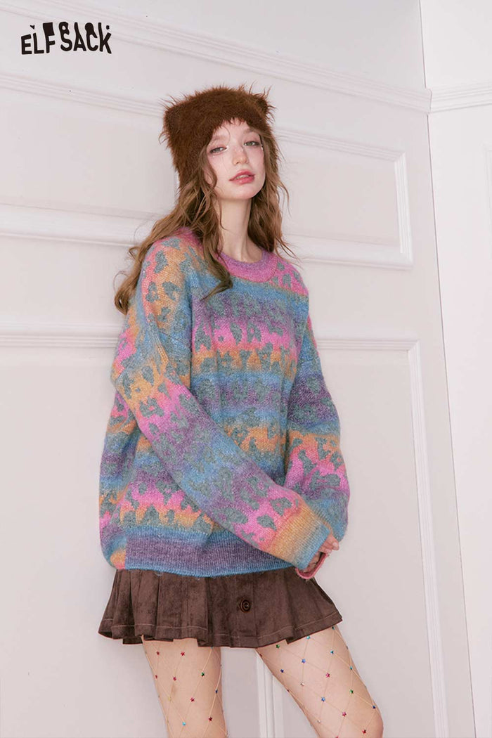 ELFSACK Casual Loose Rainbow Gradient Spot Print Round Neck Sweater
