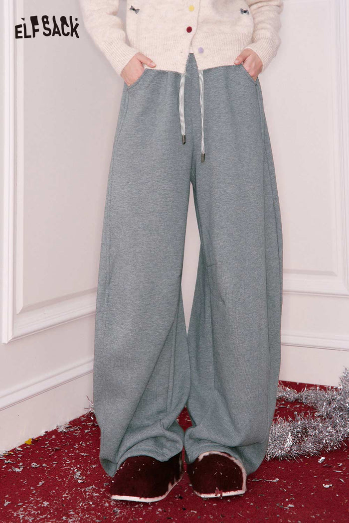 ELFSACK Casual Loose Solid Tie Wide Leg Sweatpants
