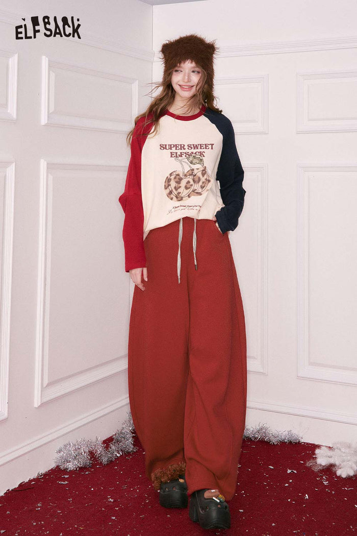 ELFSACK Casual Loose Solid Tie Wide Leg Sweatpants