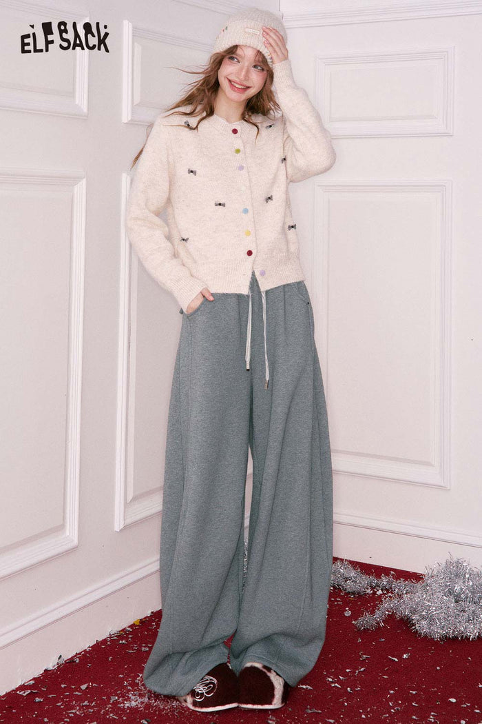 ELFSACK Casual Loose Solid Tie Wide Leg Sweatpants