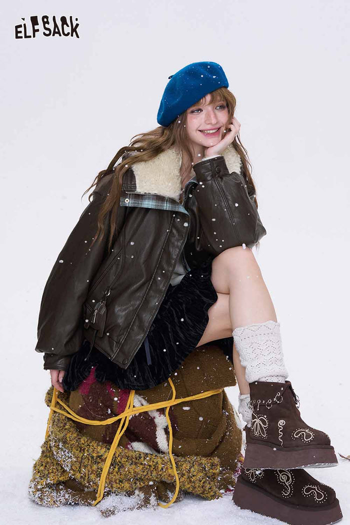 ELFSACK Casual Plaid Leather Faux Fur Collar Full Zip Casual Down Jacket