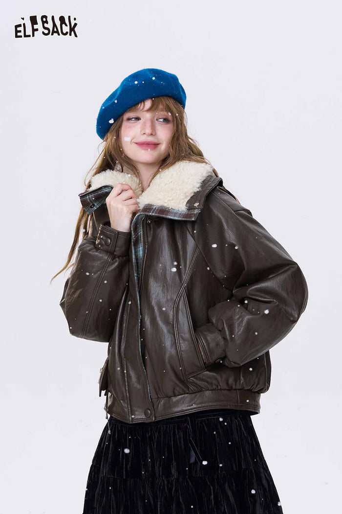 ELFSACK Casual Plaid Leather Faux Fur Collar Full Zip Casual Down Jacket