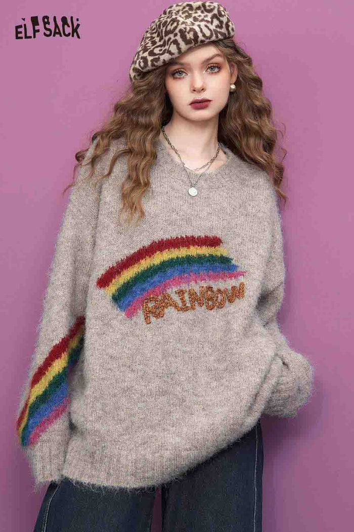 ELFSACK Casual Round Neck Pullover Rainbow Graphic Sweater