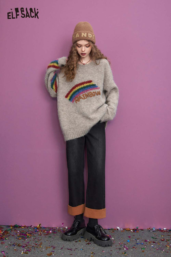 ELFSACK Casual Round Neck Pullover Rainbow Graphic Sweater