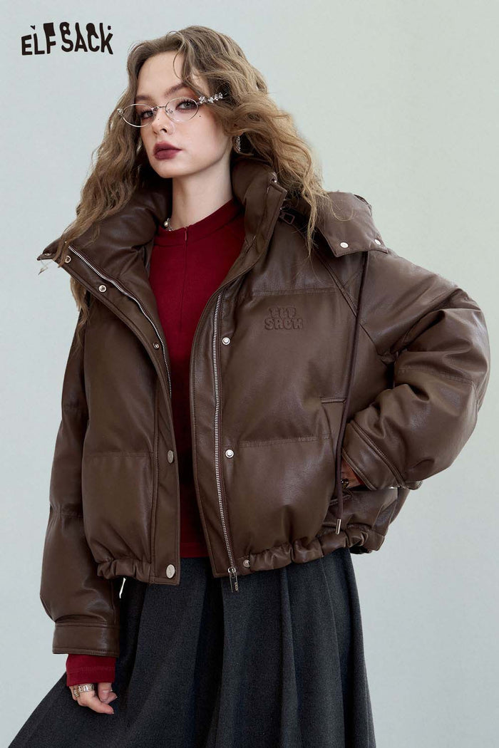 ELFSACK Casual Short Hooded PU Leather Down Jacket