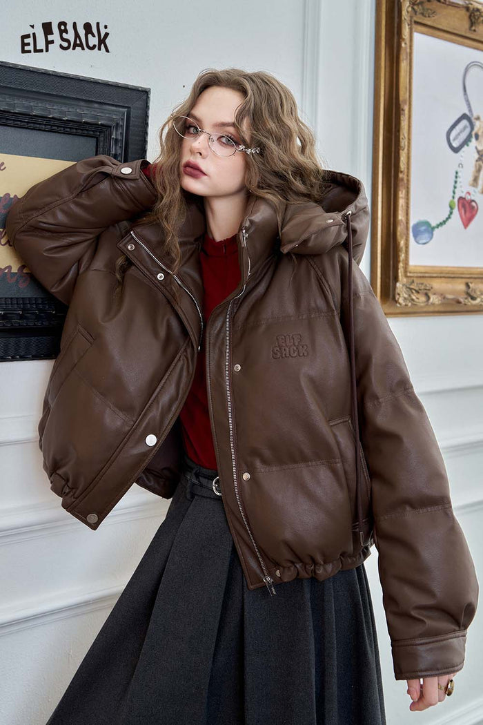 ELFSACK Casual Short Hooded PU Leather Down Jacket