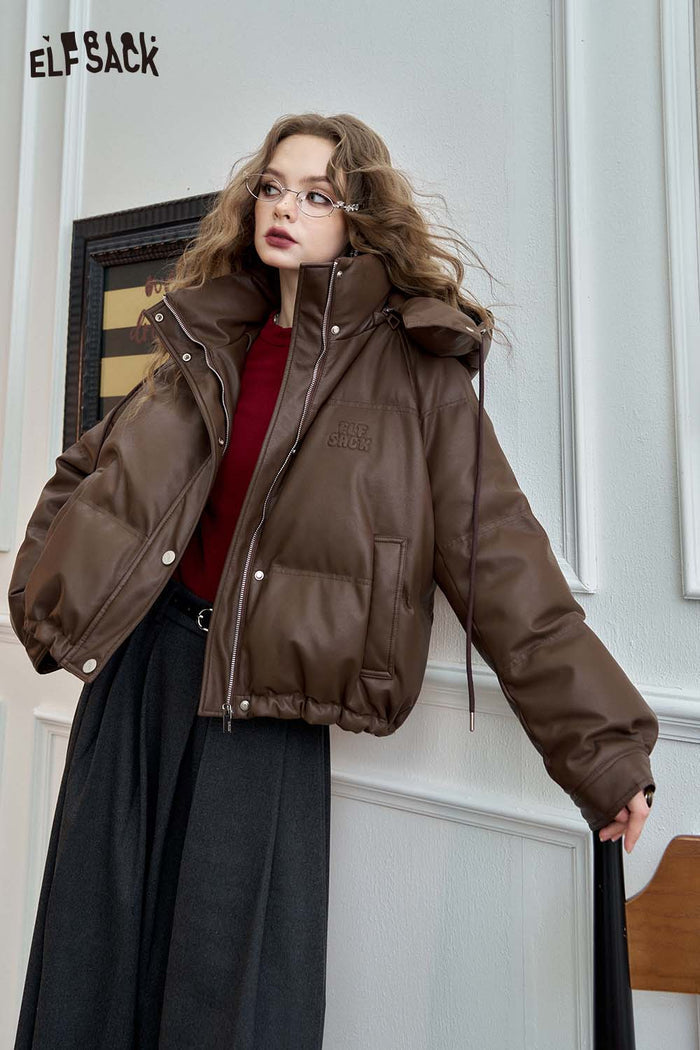 ELFSACK Casual Short Hooded PU Leather Down Jacket