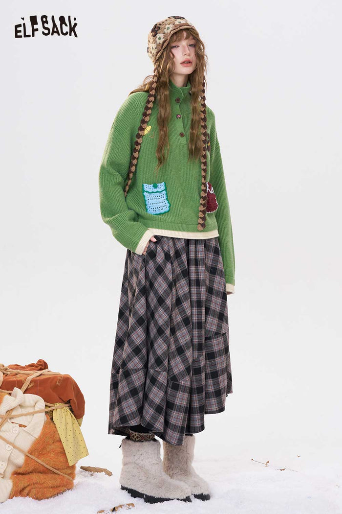 ELFSACK Casual Solid Embroidery Stand Collar Knitwear