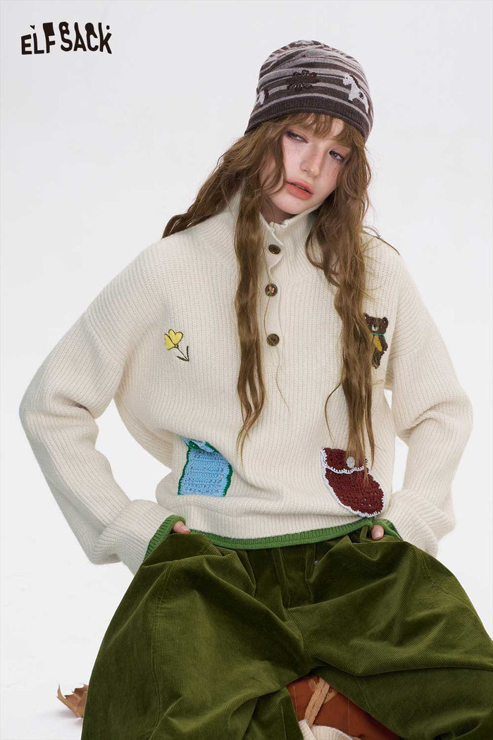 ELFSACK Casual Solid Embroidery Stand Collar Knitwear