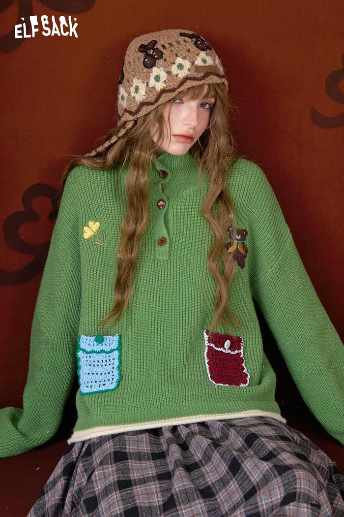 ELFSACK Casual Solid Embroidery Stand Collar Knitwear