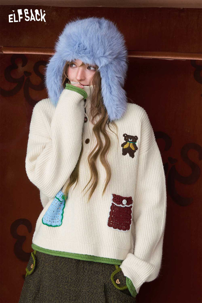 ELFSACK Casual Solid Embroidery Stand Collar Knitwear