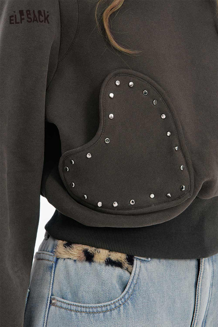 ELFSACK Casual Solid Heart Patchwork Hooded Sweatshirt