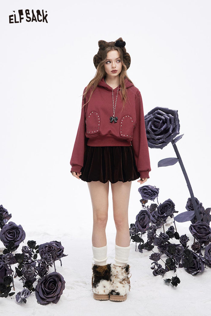 ELFSACK Casual Solid Heart Patchwork Hooded Sweatshirt