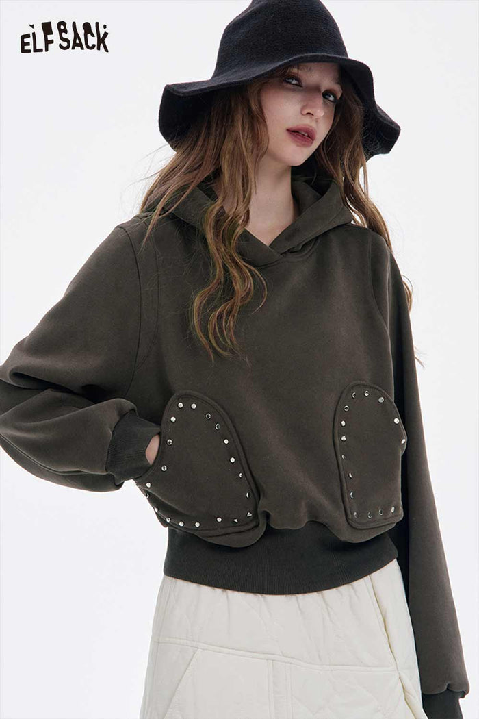 ELFSACK Casual Solid Heart Patchwork Hooded Sweatshirt