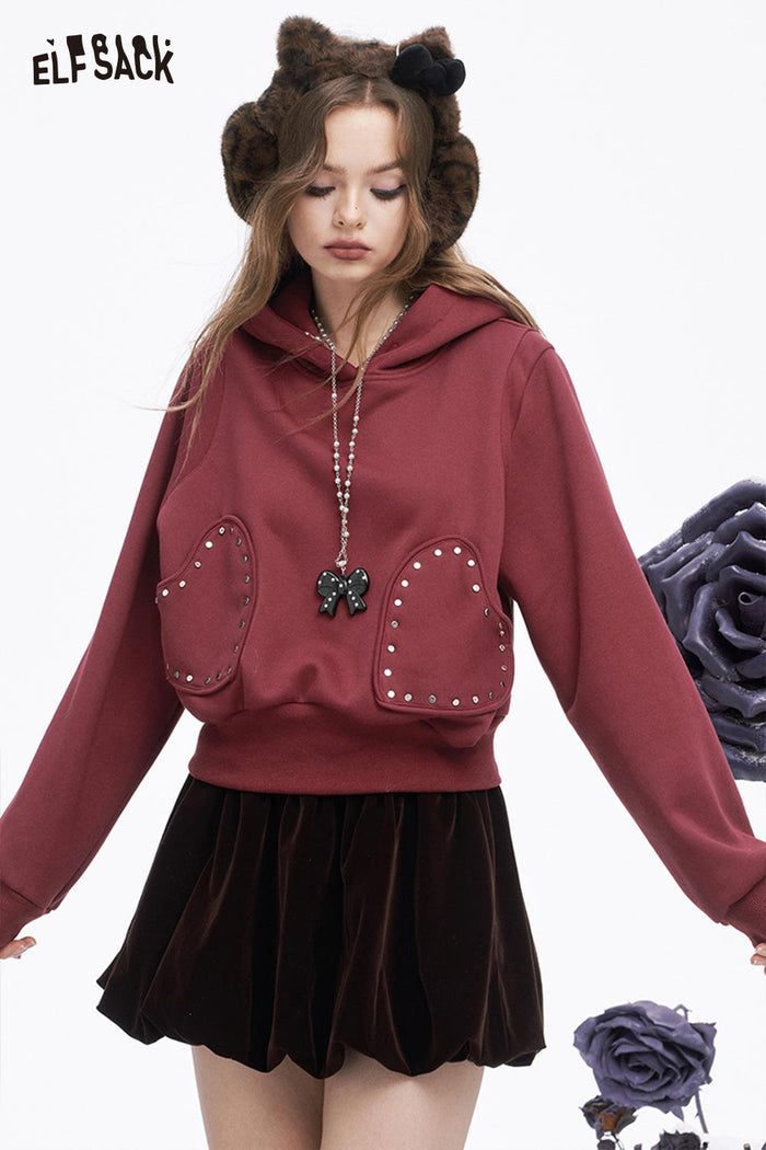 ELFSACK Casual Solid Heart Patchwork Hooded Sweatshirt