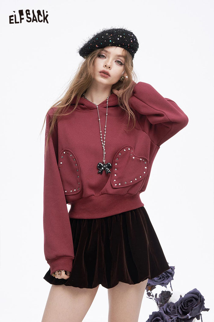 ELFSACK Casual Solid Heart Patchwork Hooded Sweatshirt