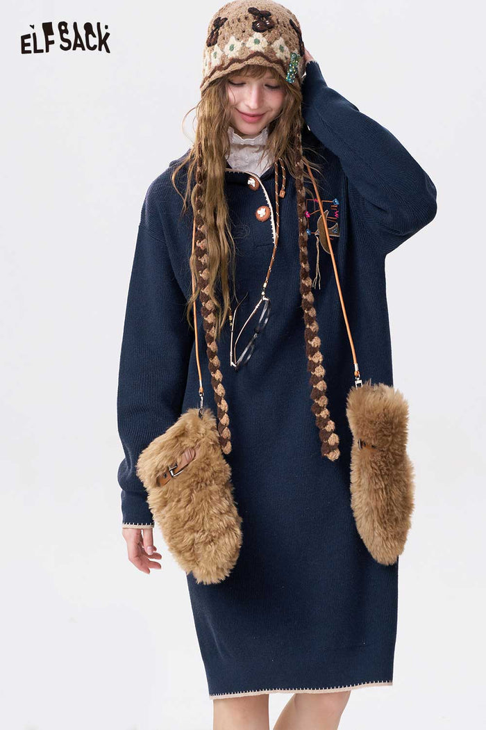 ELFSACK Casual Solid Loose Embroidered Hooded Blossom Button Long Dress