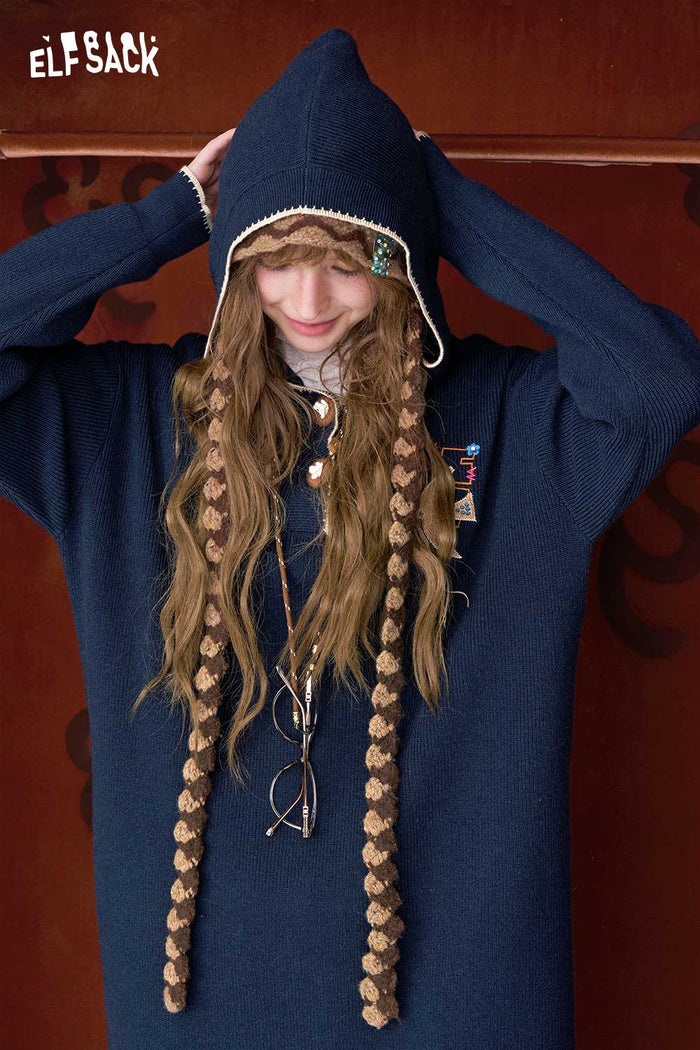 ELFSACK Casual Solid Loose Embroidered Hooded Blossom Button Long Dress