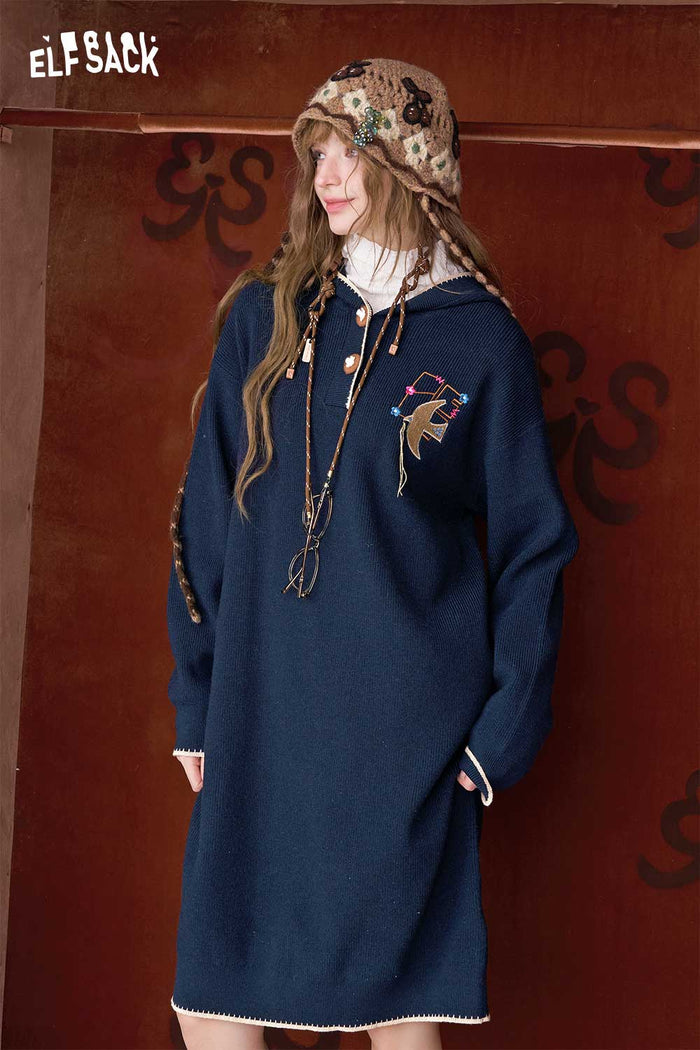 ELFSACK Casual Solid Loose Embroidered Hooded Blossom Button Long Dress