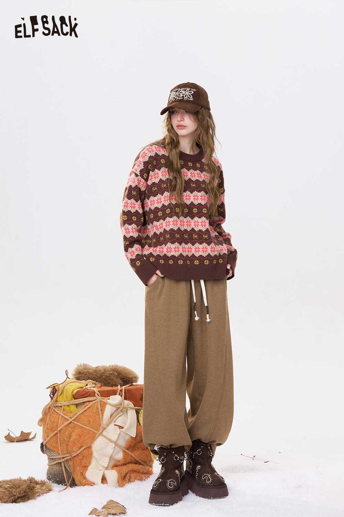 ELFSACK Casual Solid Loose Straight Drawstring Floor Length Sweatpants