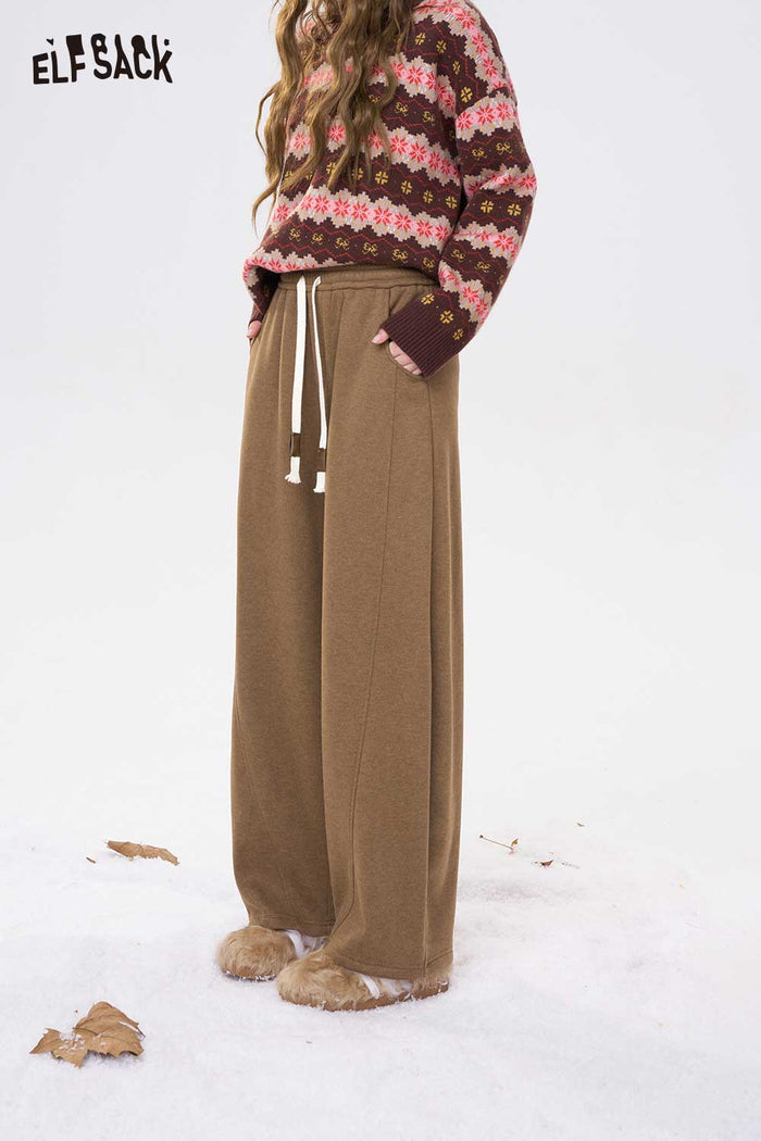 ELFSACK Casual Solid Loose Straight Drawstring Floor Length Sweatpants