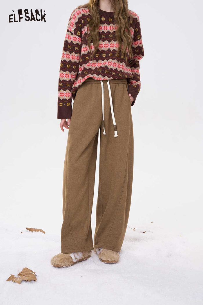 ELFSACK Casual Solid Loose Straight Drawstring Floor Length Sweatpants