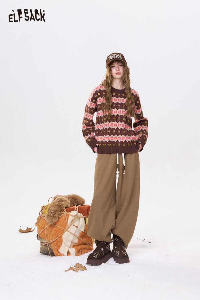 ELFSACK Casual Solid Loose Straight Drawstring Floor Length Sweatpants