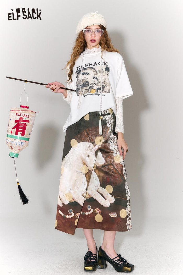 ELFSACK Casual Straight Graphic Lace Side Slit Asymmetric Hem Midi Skirt